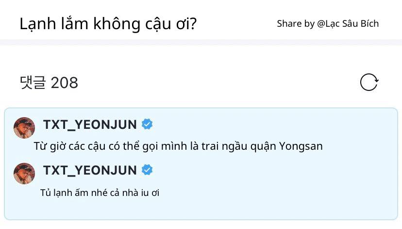 Yeonjun tự trả lời fan rằng, bây giờ nam idol đã có nickname mới: cool boy quận Yongsan