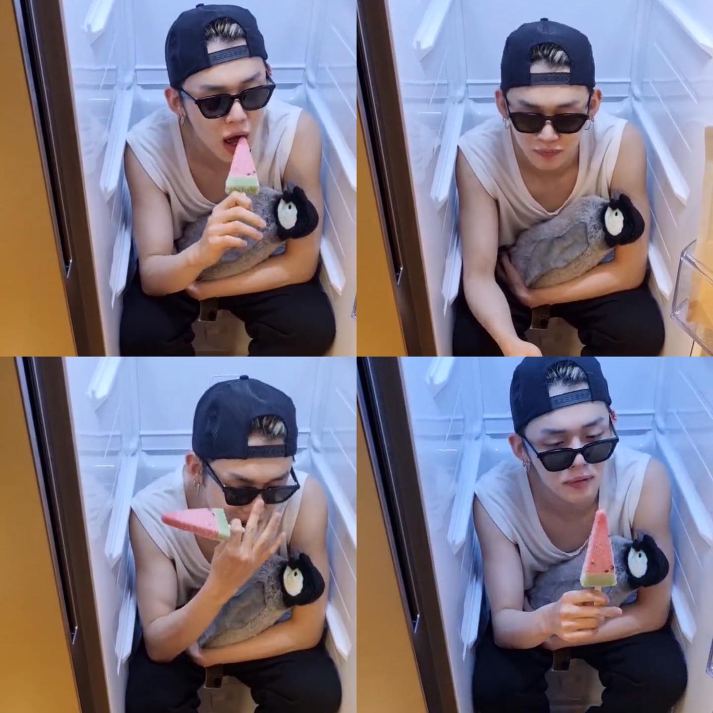 Ảnh cắt từ video ngồi trong tủ lạnh, được Yeonjun đăng tải trên tài khoản Twitter của TXT
