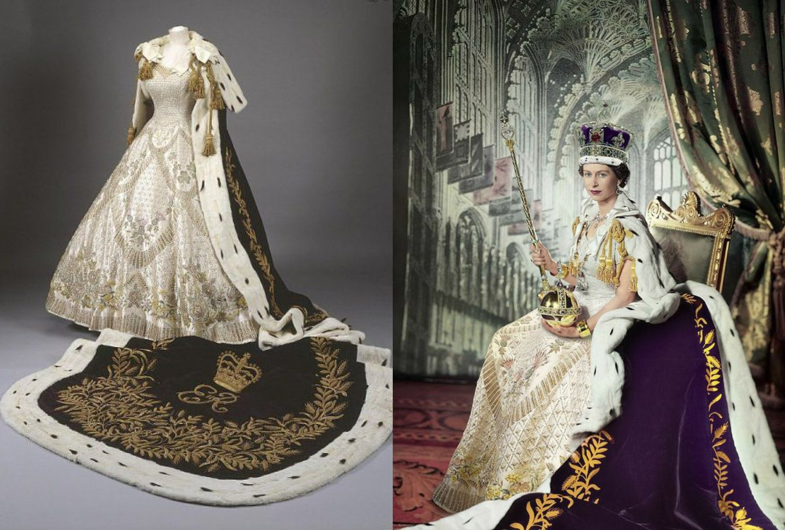 Elizabeth II trong lễ đăng quang vào ngày 2/6/1953. Theo yêu cầu của nữ hoàng, đường viền cổ và ...