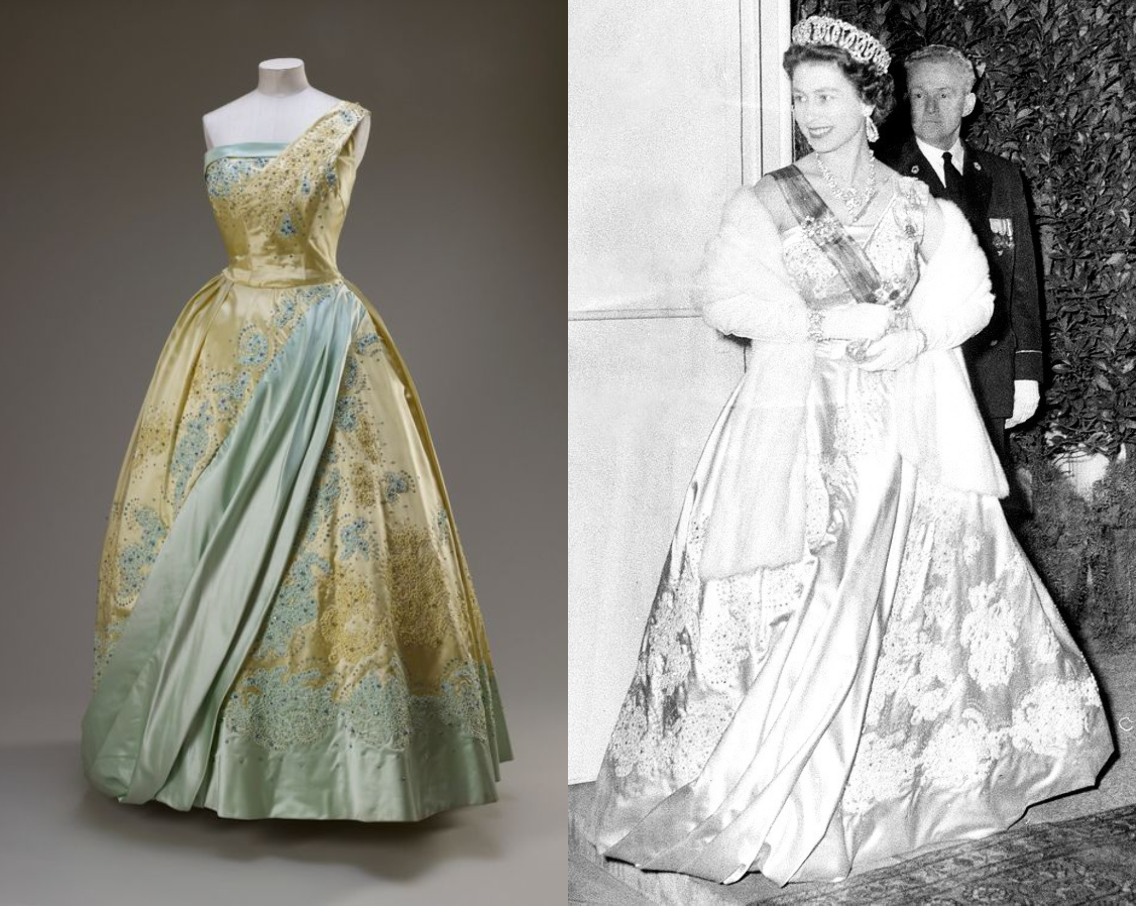 Ngày 25/3/1958, Nữ hoàng mặc một chiếc váy lệch vai màu xanh da trời hòa cùng màu vàng tại buổi ...