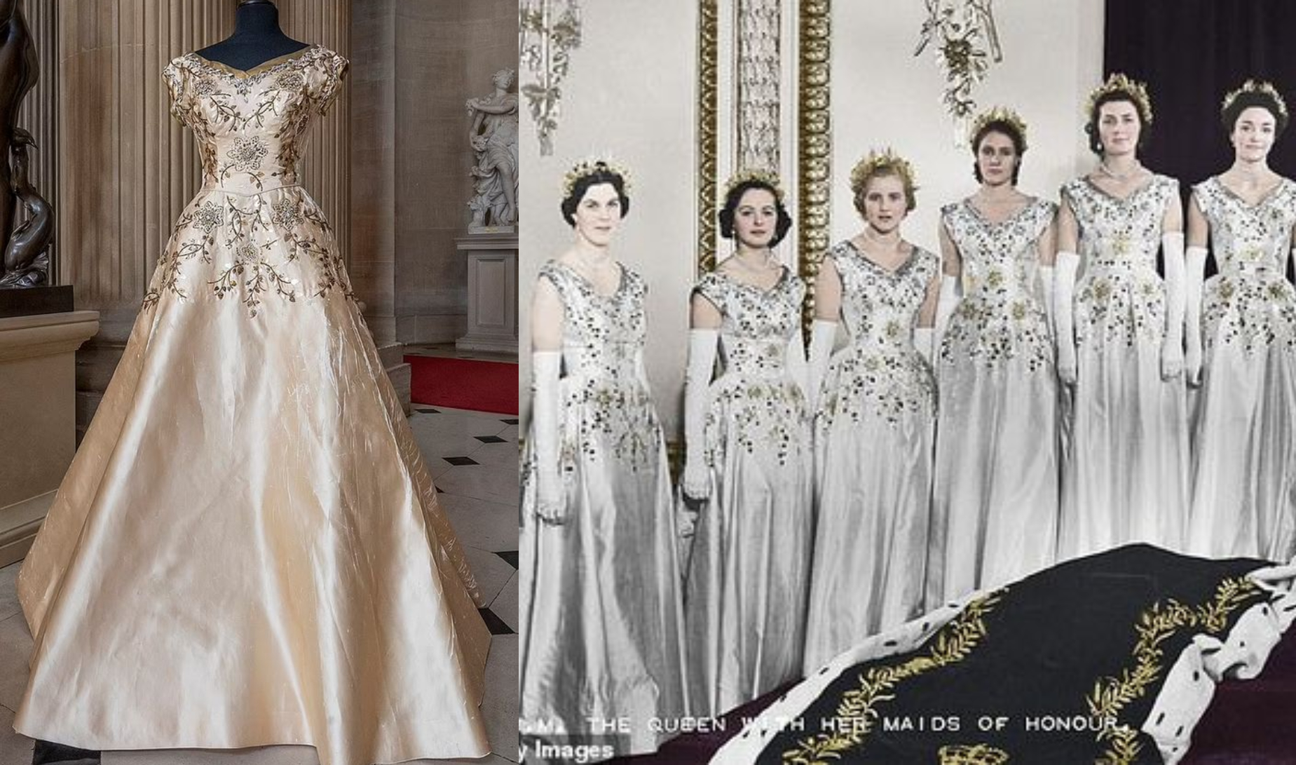 Váy của các maid of honour (tạm dịch: thị nữ) trong lễ đăng quang của Nữ hoàng Elizabeth.