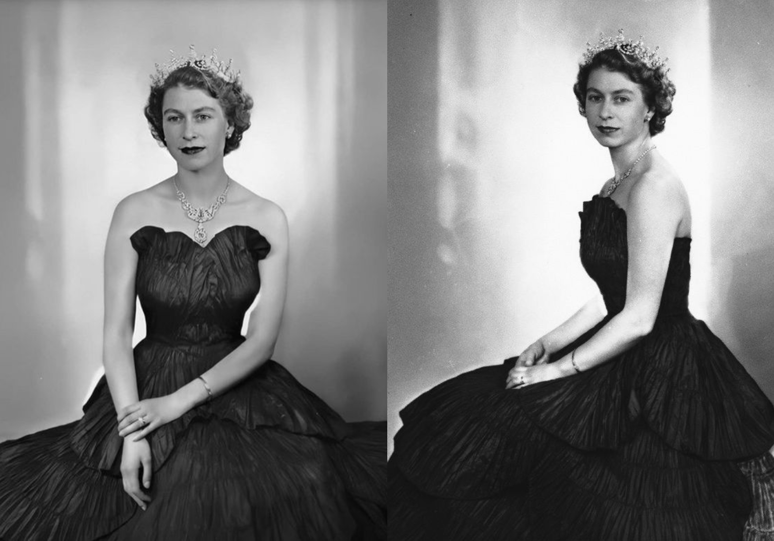 Nữ hoàng Elizabeth sau lễ đăng quang vài tuần, mặc một chiếc váy taffeta đen của Norman Hartnell.