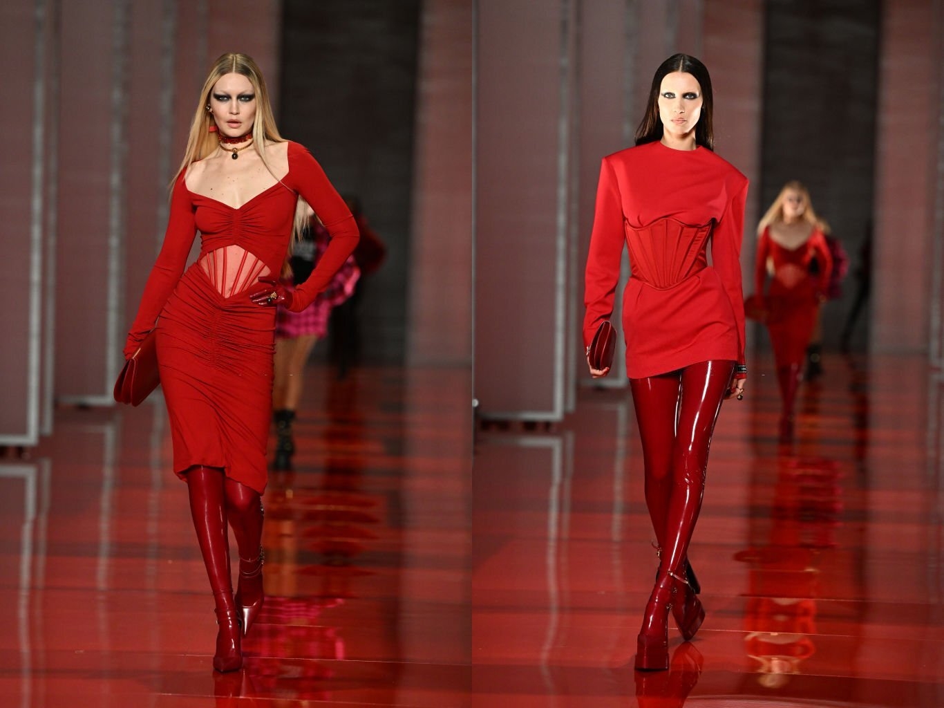 Xuất hiện trong show Versace tại Tuần lễ Thời trang Milan 2022, Gigi và Bella gây bất ngờ khi cùng trình diễn những thiết kế mang gam màu đỏ rực, trang điểm mắt đậm và tẩy trắng cặp lông mày.