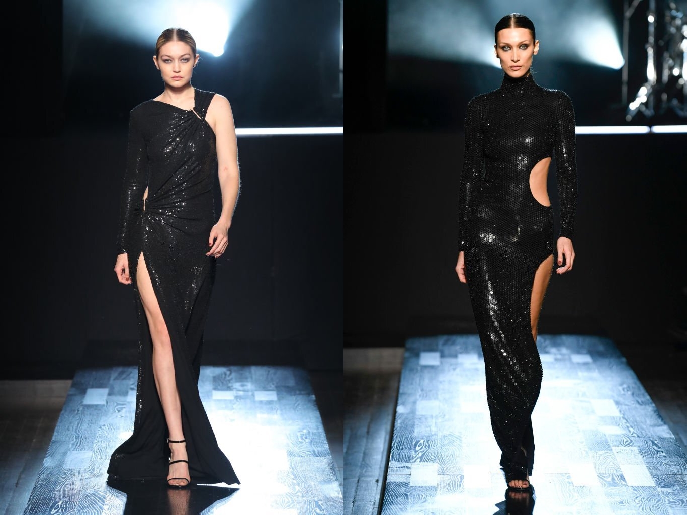 Gigi và Bella sải bước trên sàn diễn Michael Kors thuộc BST Thu - Đông của Tuần lễ Thời trang New York 2022 trong những chiếc đầm màu đen đính sequin, để kiểu tóc búi bóng mượt.