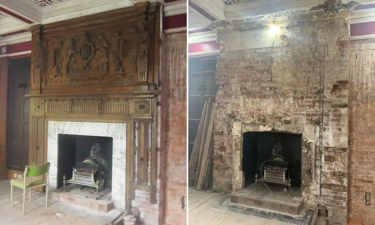 Hình ảnh khu vực lò sưởi trong ngôi nhà trước và sau khi bức khắc bị gỡ bỏ. 