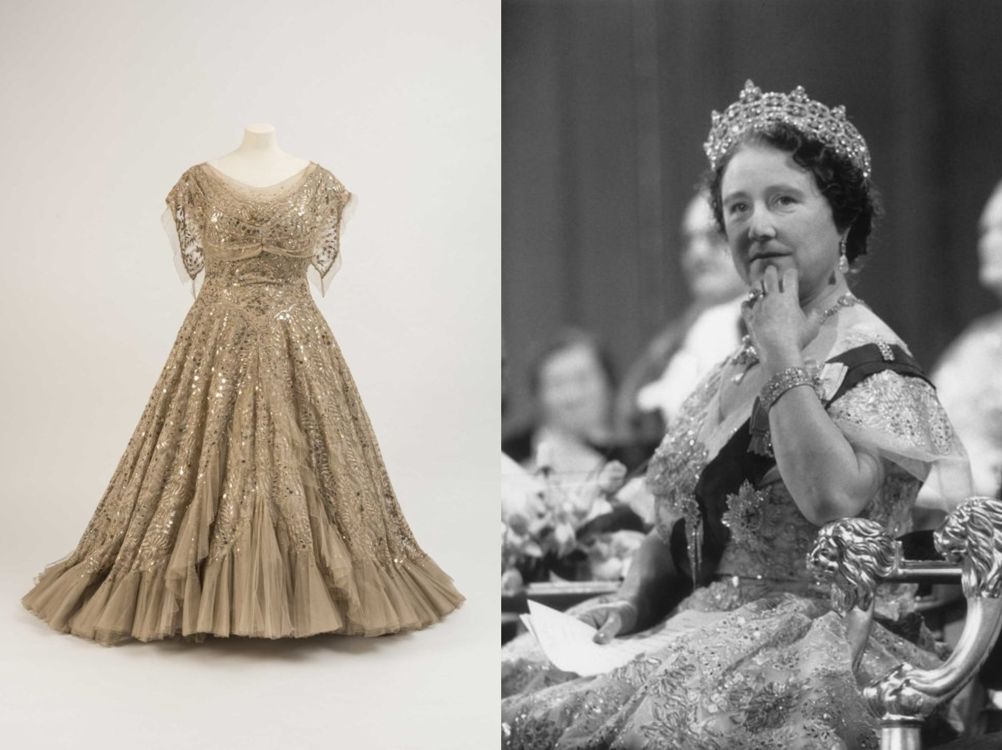   Thái hậu Elizabeth mặc váy dạ hội của Hartnell với lớp vải ren và hạt sequin vàng lấp lánh, ...