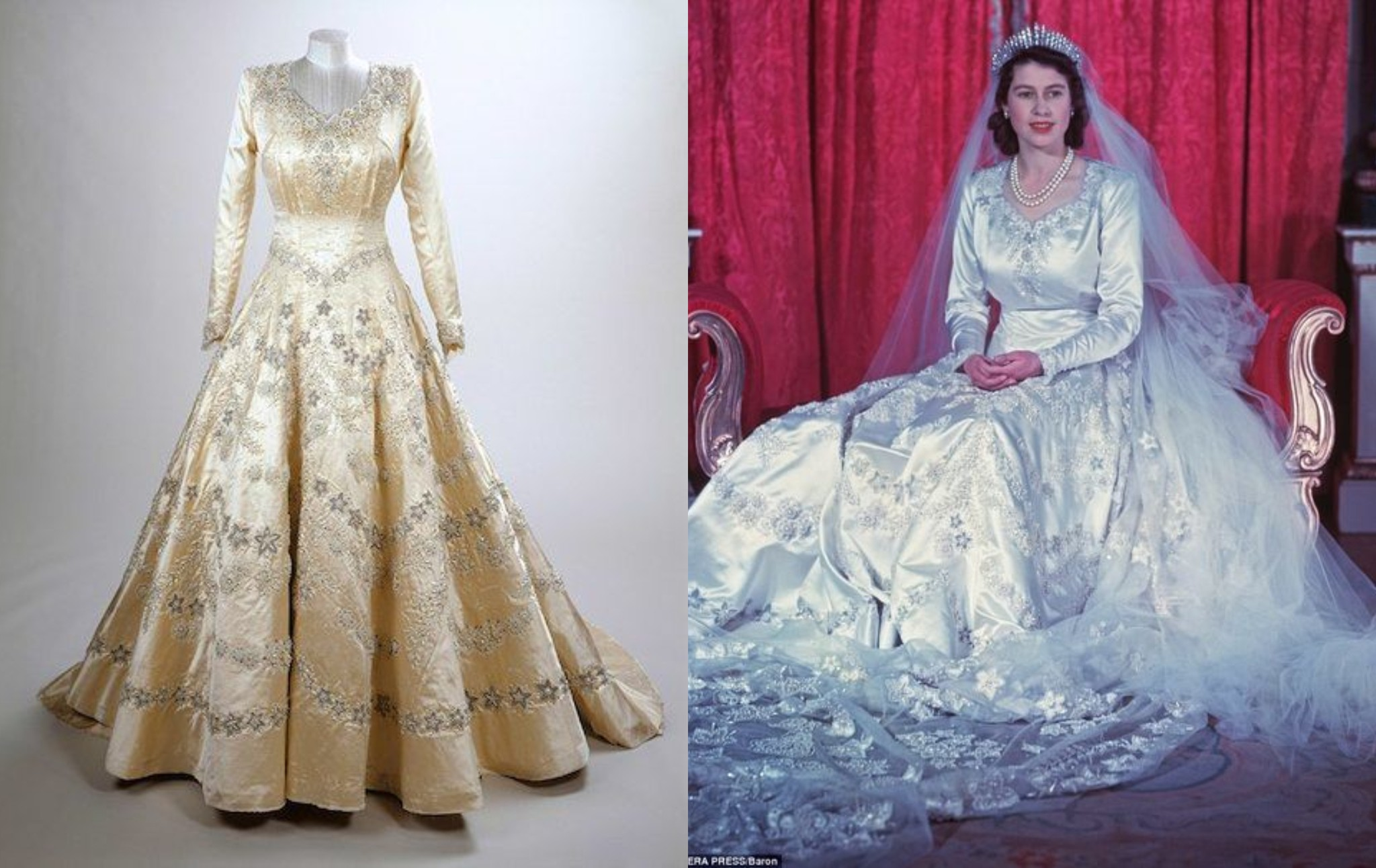   Nữ hoàng Elizabeth II trong lễ cưới với Hoàng tế Philip vào ngày 20/11/1947. Chiếc váy cưới  ...
