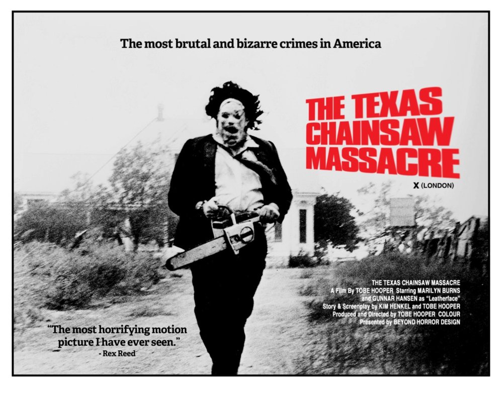 Poster của Texas Chain Saw Massacre (1974) với hình ảnh tên sát nhân Leatherface cầm cưa máy. Nguồn ảnh: The Parkway Theater