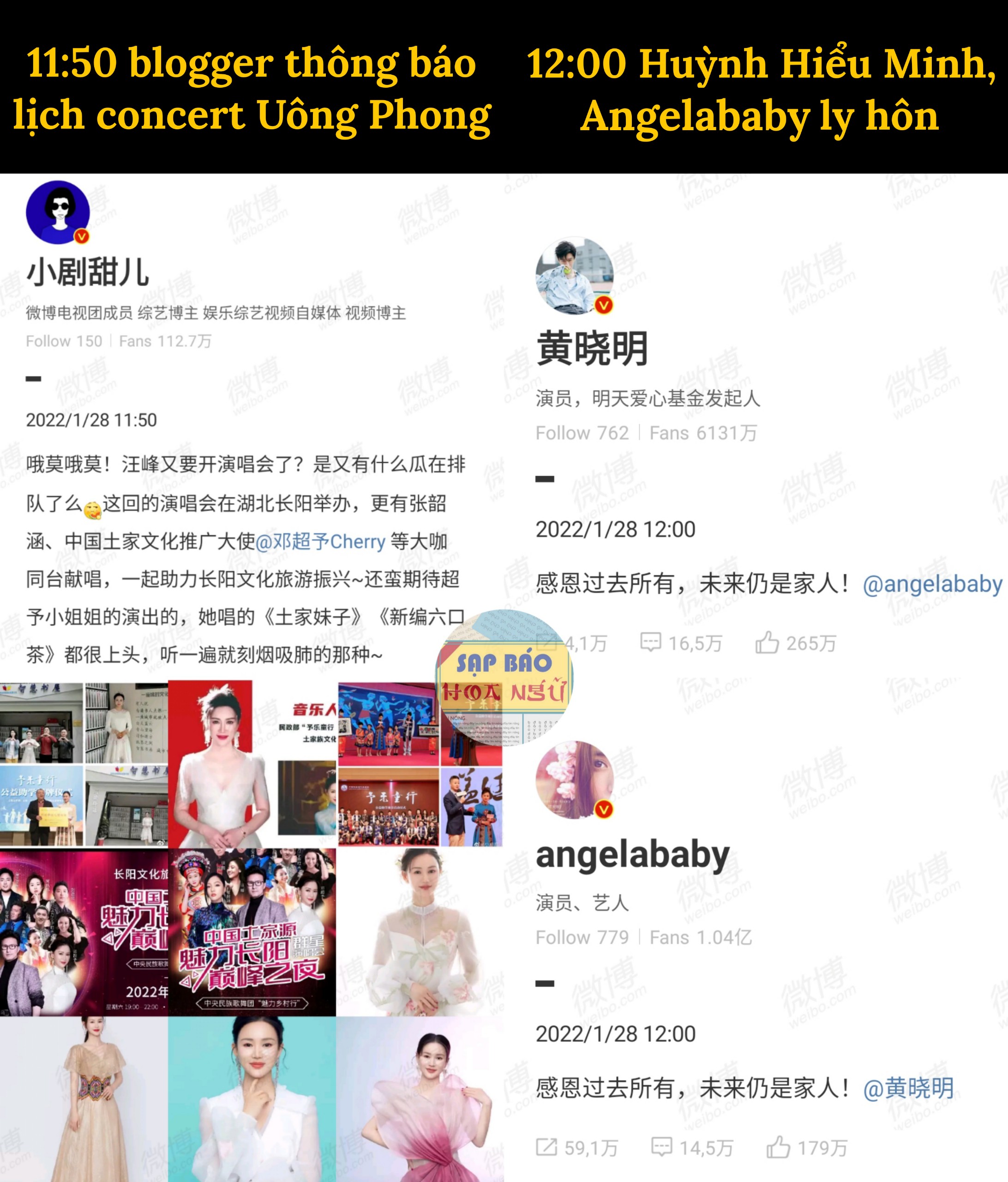 Bài đăng của blogger (trái) và bài đăng tuyên bố ly hôn của Huỳnh Hiểu Minh - Angelababy (phải)